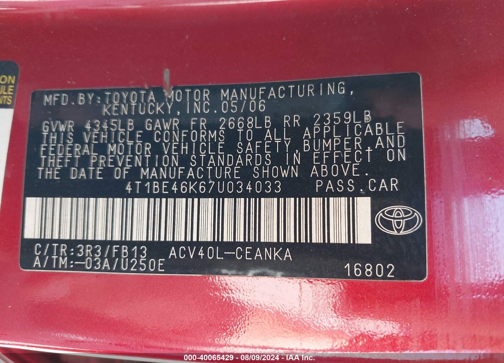 2007 TOYOTA CAMRY LE VIN: 4T1BE46K67U034033