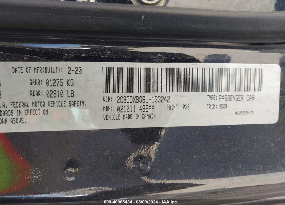 2020 DODGE CHARGER SXT RWD VIN: 2C3CDXBG6LH133242