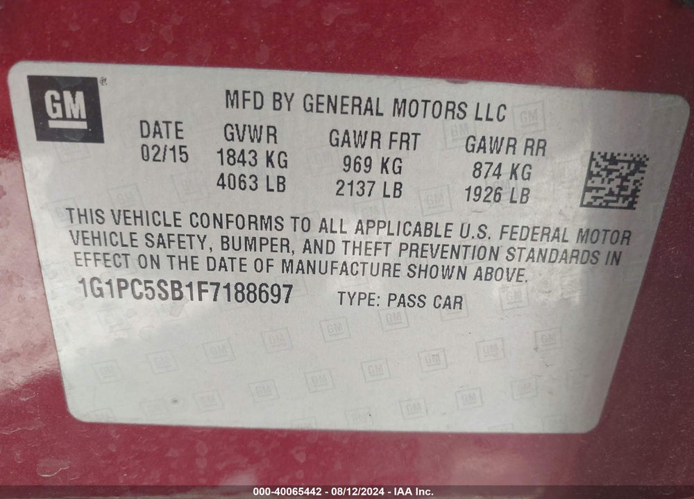 2015 CHEVROLET CRUZE 1LT AUTO VIN: 1G1PC5SB1F7188697