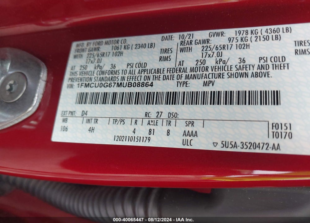 2021 FORD ESCAPE SE VIN: 1FMCU0G67MUB08864