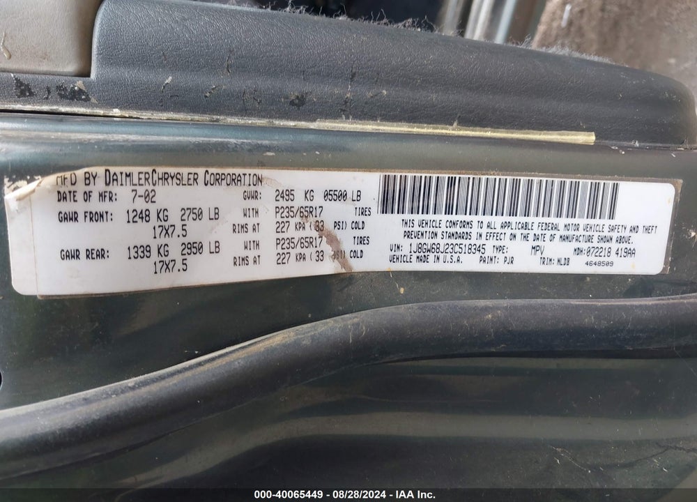 2003 JEEP GRAND CHEROKEE OVERLAND VIN: 1J8GW68J23C518345
