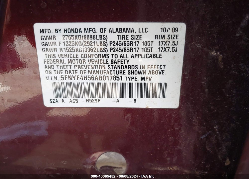 2010 HONDA PILOT EX-L VIN: 5FNYF4H56AB017851