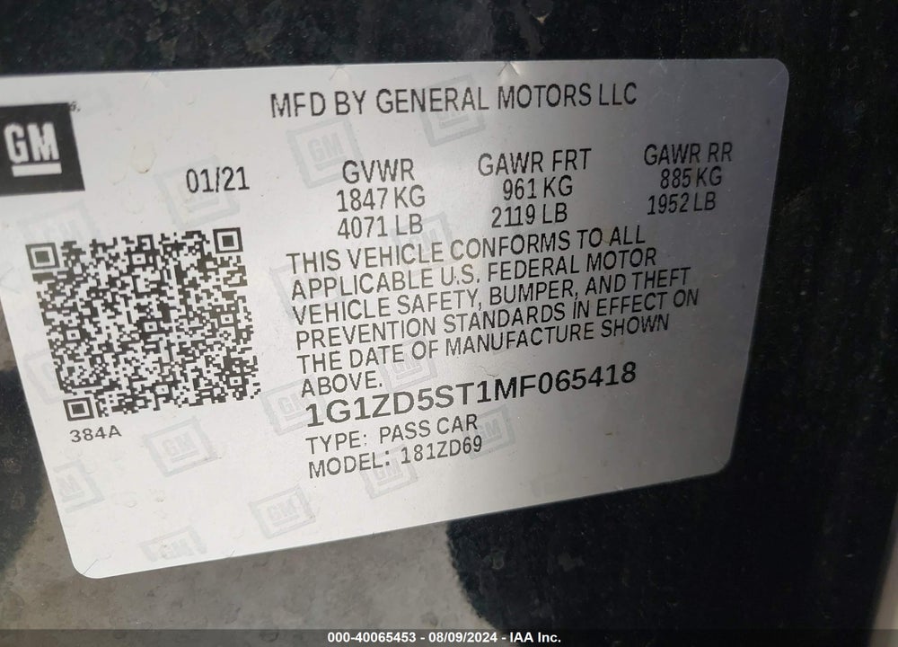 2021 CHEVROLET MALIBU FWD LT VIN: 1G1ZD5ST1MF065418