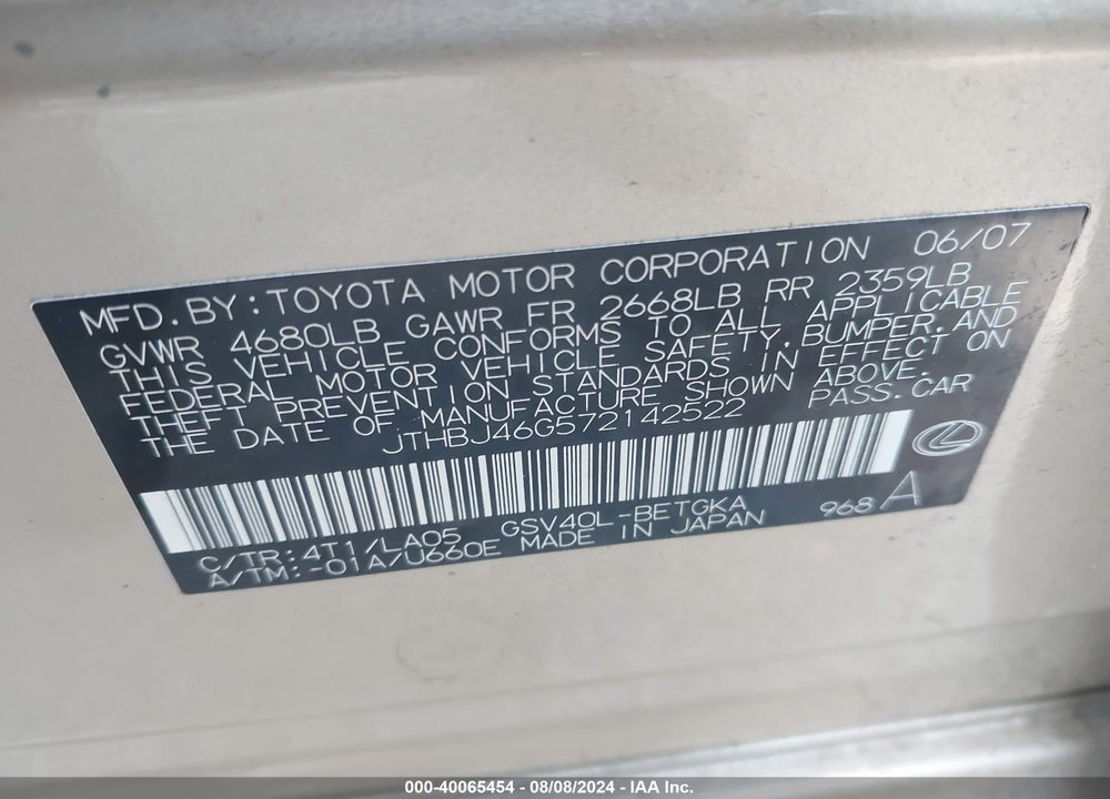 2007 LEXUS ES 350 VIN: JTHBJ46G572142522