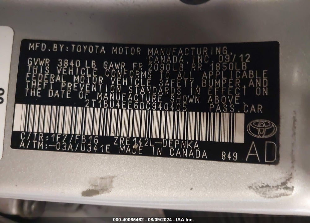 2013 TOYOTA COROLLA LE VIN: 2T1BU4EE6DC940405