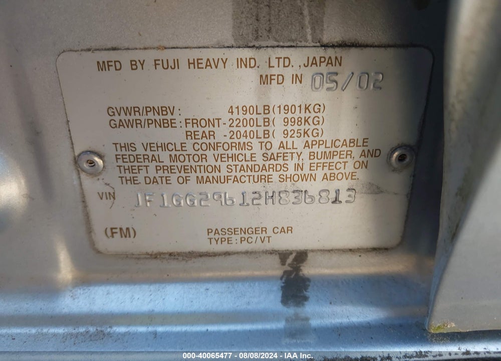 2002 SUBARU IMPREZA WRX VIN: JF1GG29612H836813