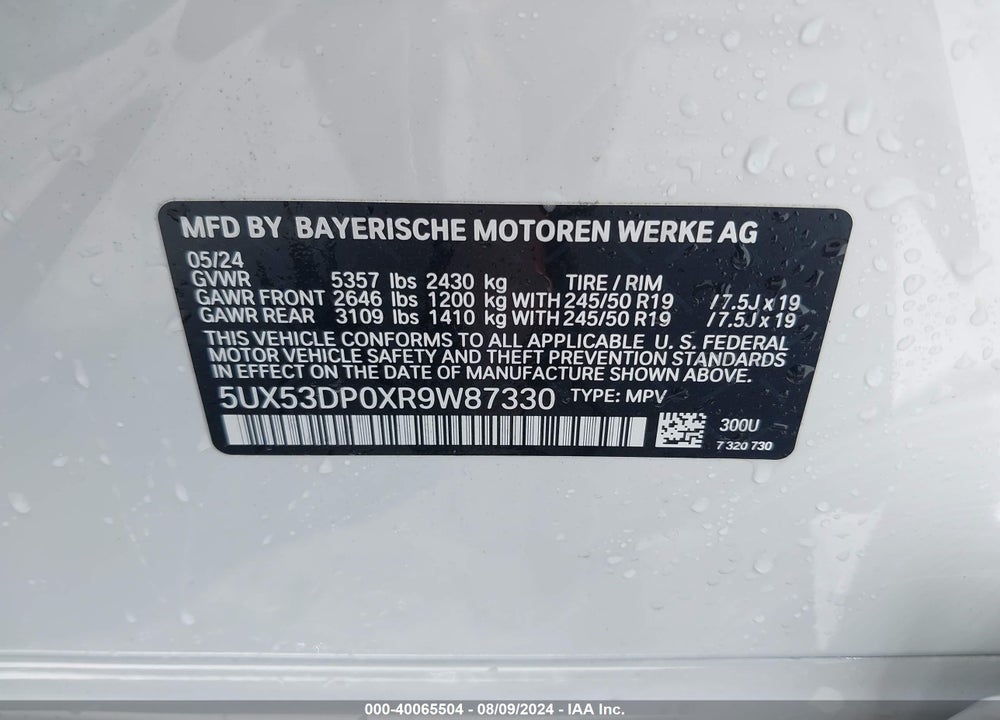 2024 BMW X3 XDRIVE30I VIN: 5UX53DP0XR9W87330