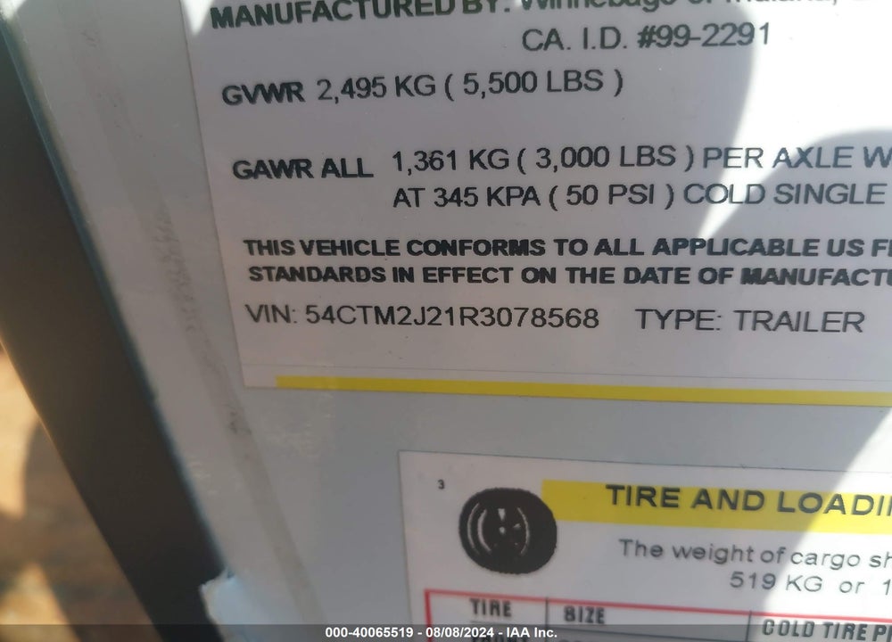 2024 WINNEBAGO MICRO MINNIE M2108TB VIN: 54CTM2J21R3078568