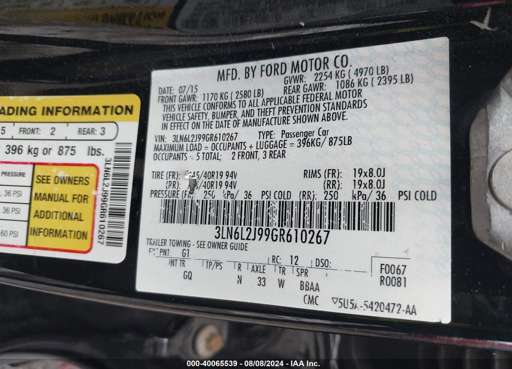 2016 LINCOLN MKZ VIN: 3LN6L2J99GR610267