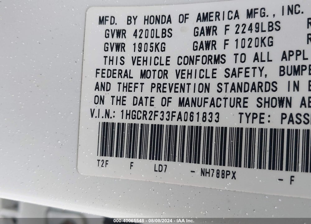 2015 HONDA ACCORD LX VIN: 1HGCR2F33FA061833