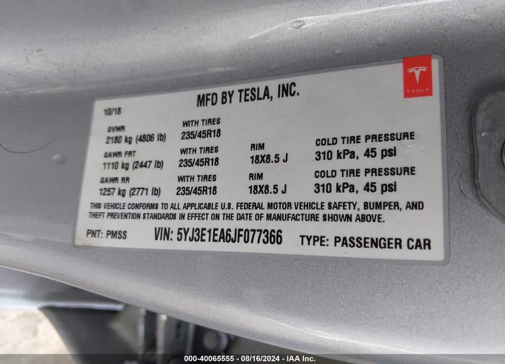 2018 TESLA MODEL 3 LONG RANGE/MID RANGE VIN: 5YJ3E1EA6JF077366