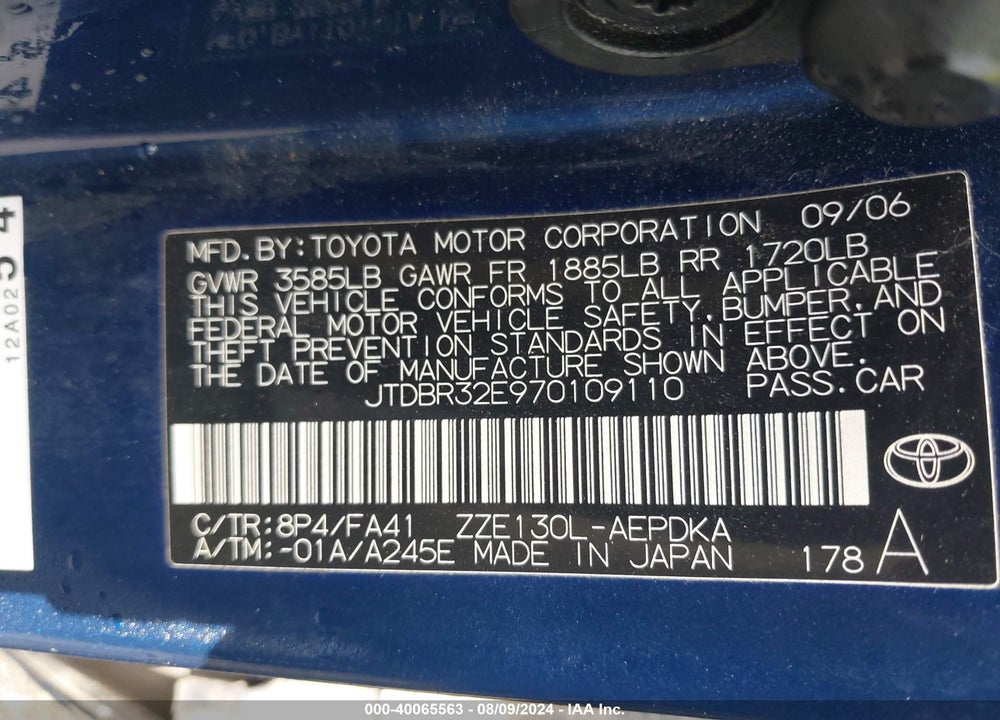 2007 TOYOTA COROLLA CE/LE/S VIN: JTDBR32E970109110