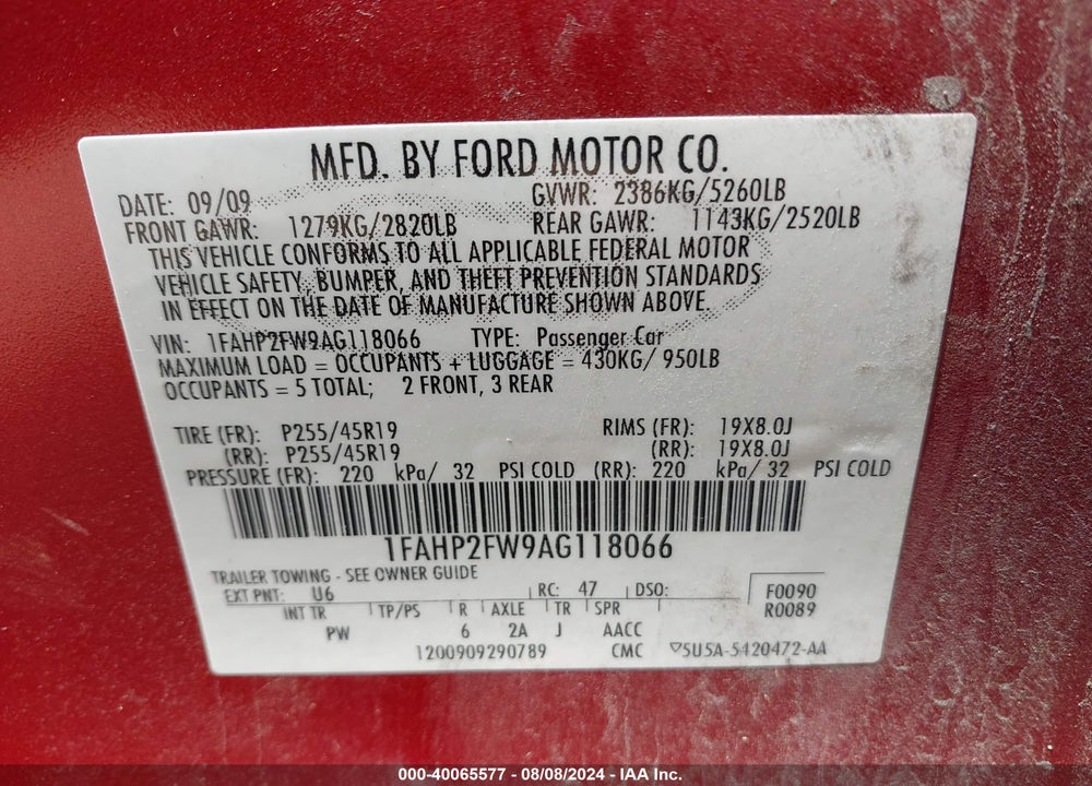 2010 FORD TAURUS VIN: 1FAHP2FW9AG118066