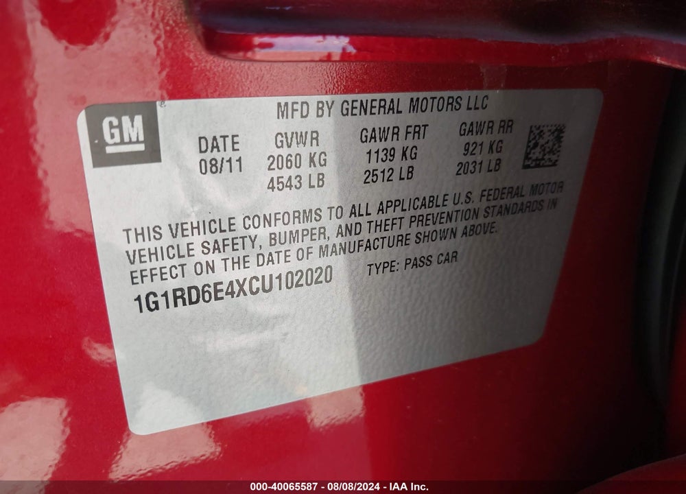 2012 CHEVROLET VOLT VIN: 1G1RD6E4XCU102020