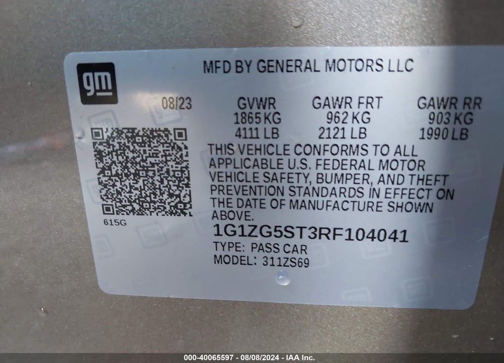 2024 CHEVROLET MALIBU RS VIN: 1G1ZG5ST3RF104041