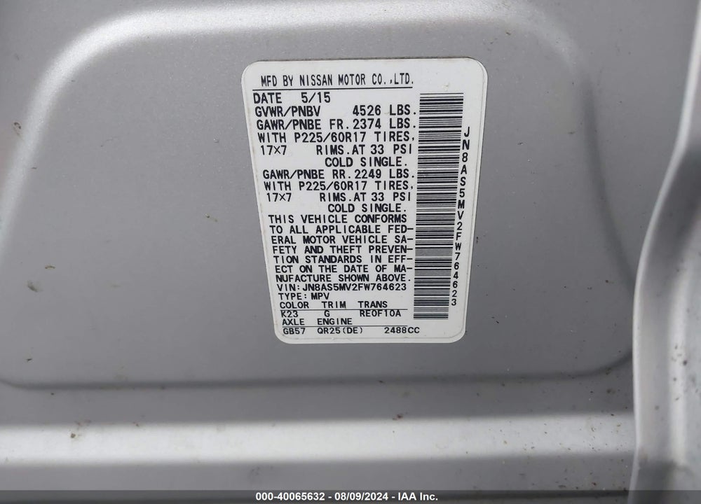 2015 NISSAN ROGUE SELECT S VIN: JN8AS5MV2FW764623