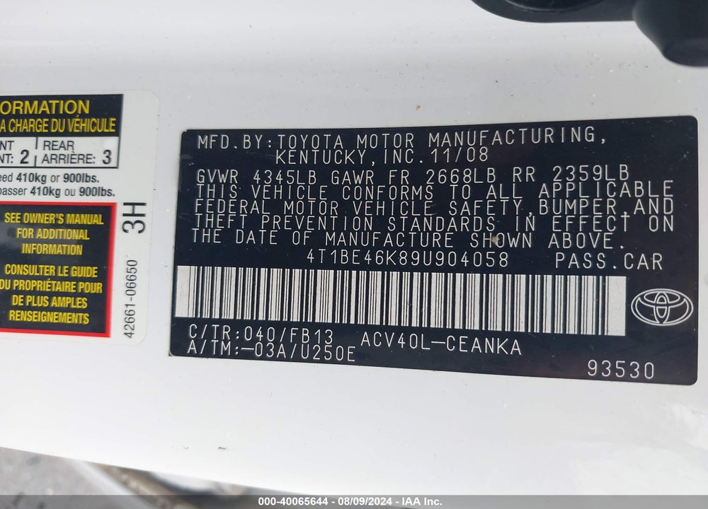2009 TOYOTA CAMRY LE VIN: 4T1BE46K89U904058