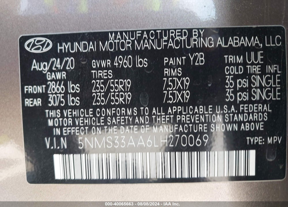 2020 HYUNDAI SANTA FE SEL/SEL PLUS VIN: 5NMS33AA6LH270069