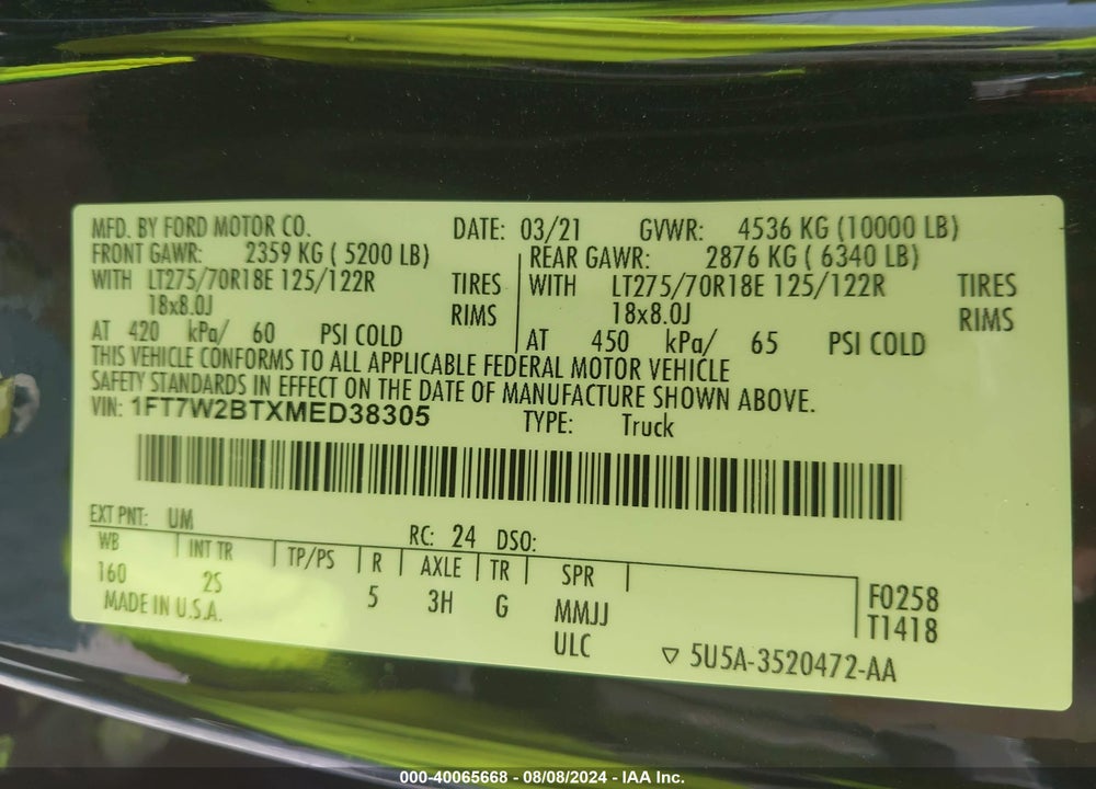 2021 FORD F-250 XLT VIN: 1FT7W2BTXMED38305
