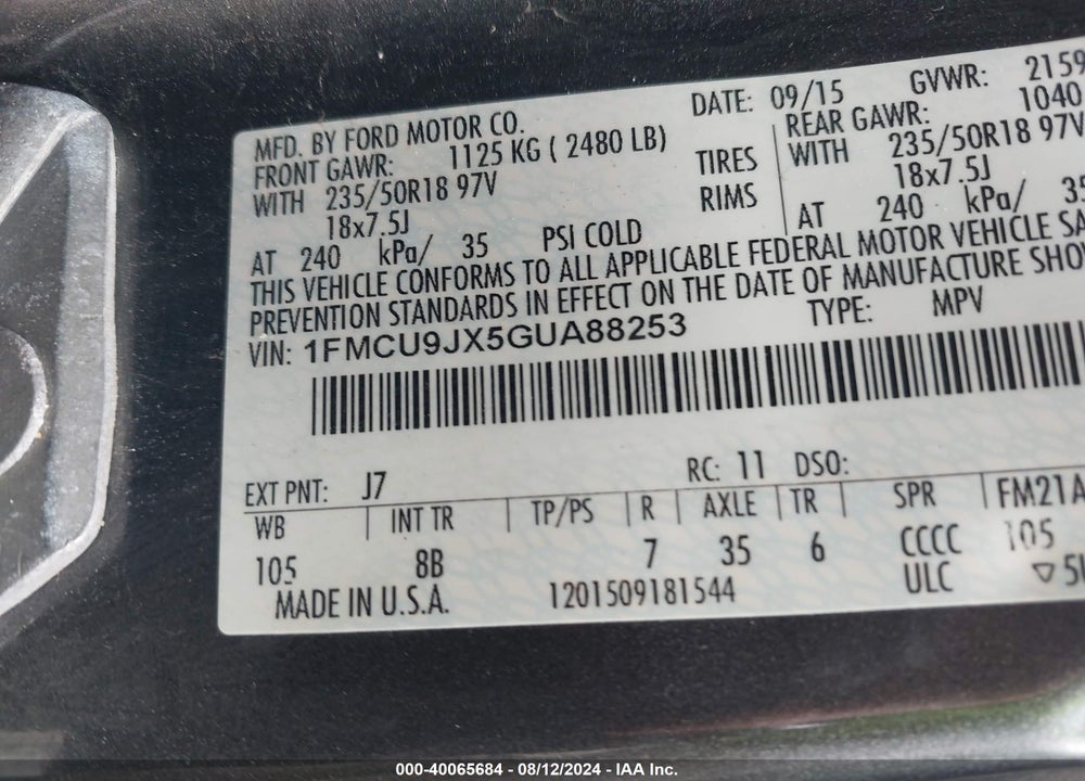 2016 FORD ESCAPE TITANIUM VIN: 1FMCU9JX5GUA88253