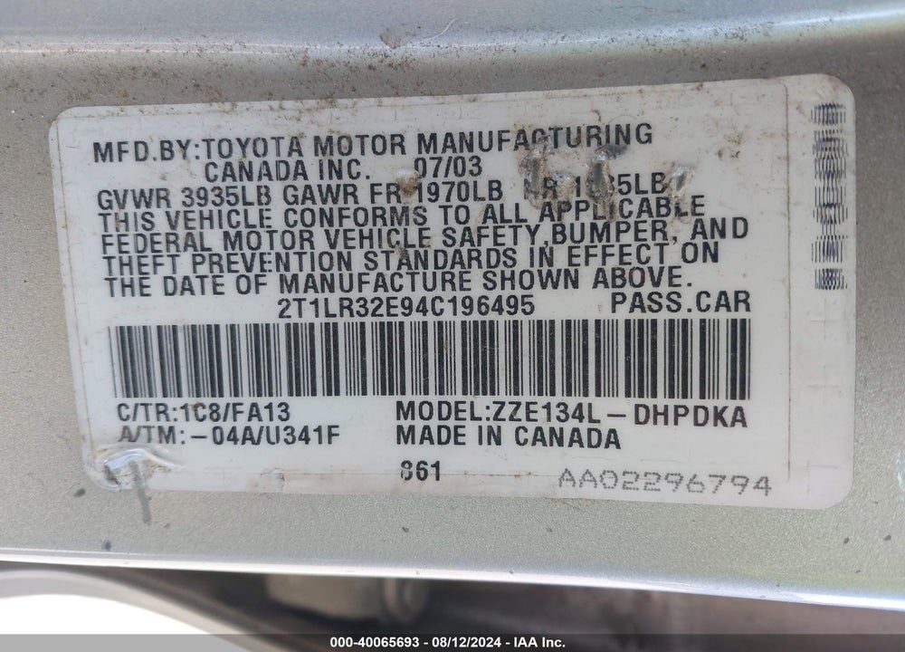 2004 TOYOTA MATRIX STANDARD VIN: 2T1LR32E94C196495