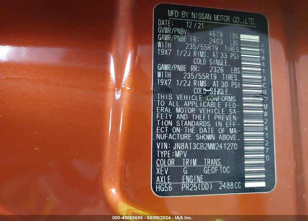 2021 NISSAN ROGUE SL INTELLIGENT AWD VIN: JN8AT3CB2MW241270