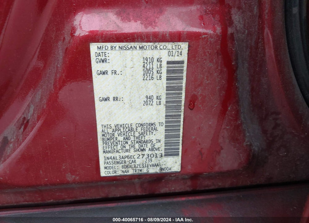 2014 NISSAN ALTIMA VIN: 1N4AL3AP6EC273013