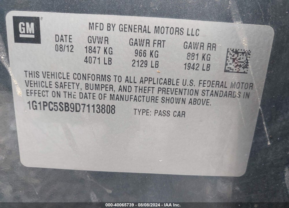 2013 CHEVROLET CRUZE LT VIN: 1G1PC5SB9D7113808