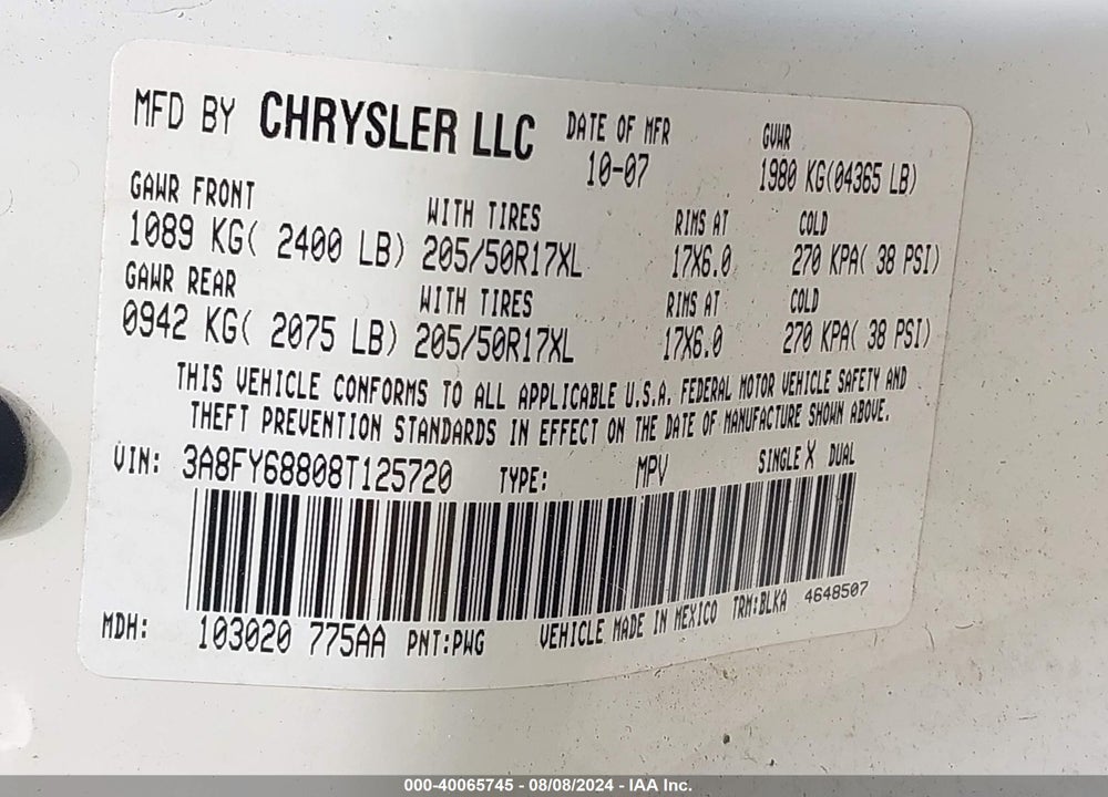 2008 CHRYSLER PT CRUISER LIMITED VIN: 3A8FY68808T125720