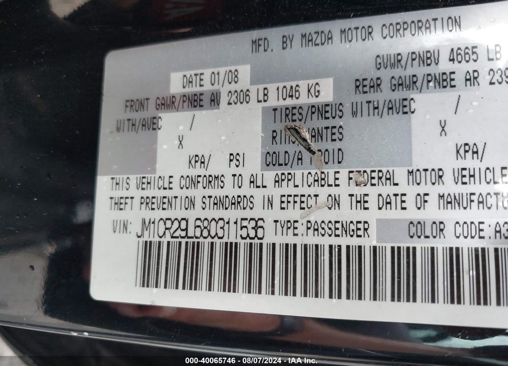 2008 MAZDA 5 TOURING VIN: JM1CR29L680311536