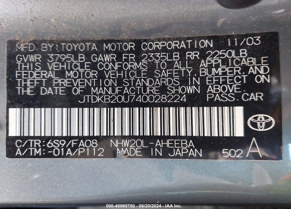 2004 TOYOTA PRIUS VIN: JTDKB20U740028224