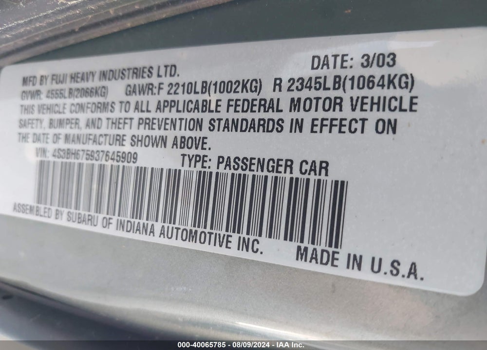 2003 SUBARU OUTBACK VIN: 4S3BH675937645909