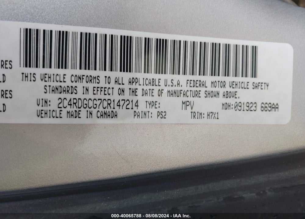 2012 DODGE GRAND CARAVAN SXT VIN: 2C4RDGCG7CR147214