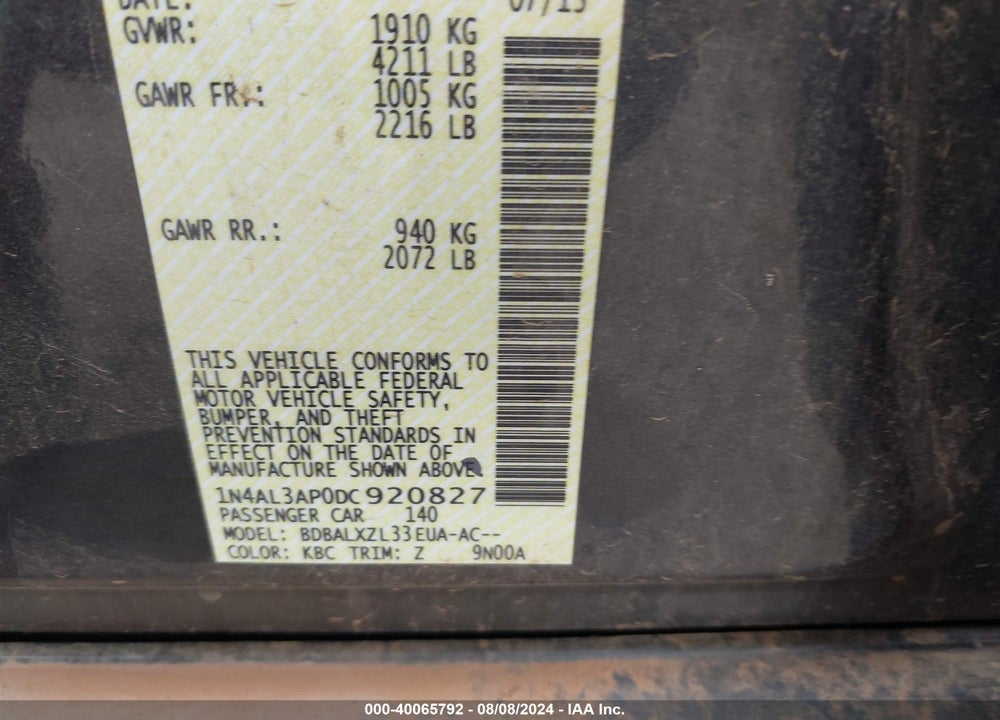 2013 NISSAN ALTIMA 2.5 SL VIN: 1N4AL3AP0DC920827