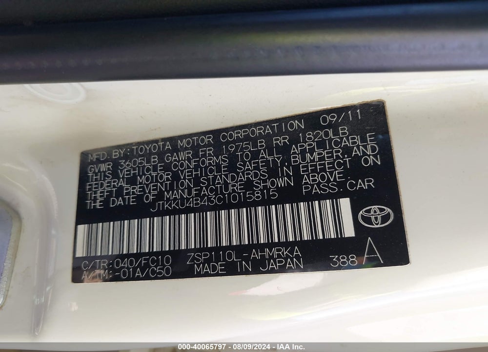 2012 SCION XD VIN: JTKKU4B43C1015815