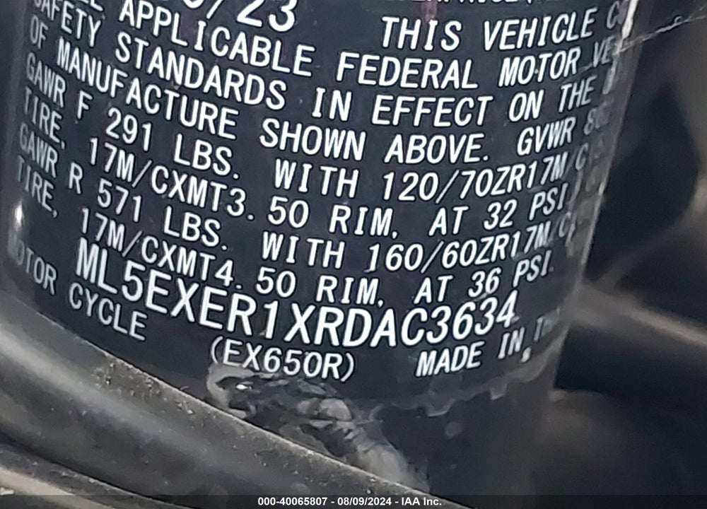 2024 KAWASAKI EX650 R VIN: ML5EXER1XRDAC3634