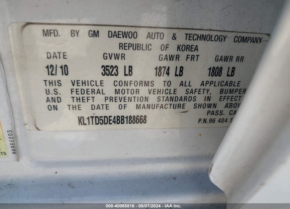 2011 CHEVROLET AVEO 1LT VIN: KL1TD5DE4BB188668