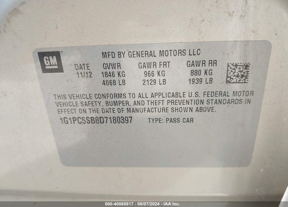 2013 CHEVROLET CRUZE 1LT AUTO VIN: 1G1PC5SB8D7180397