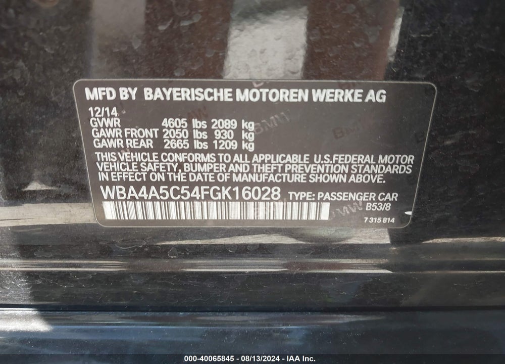 2015 BMW 428 GRAN COUPE VIN: WBA4A5C54FGK16028