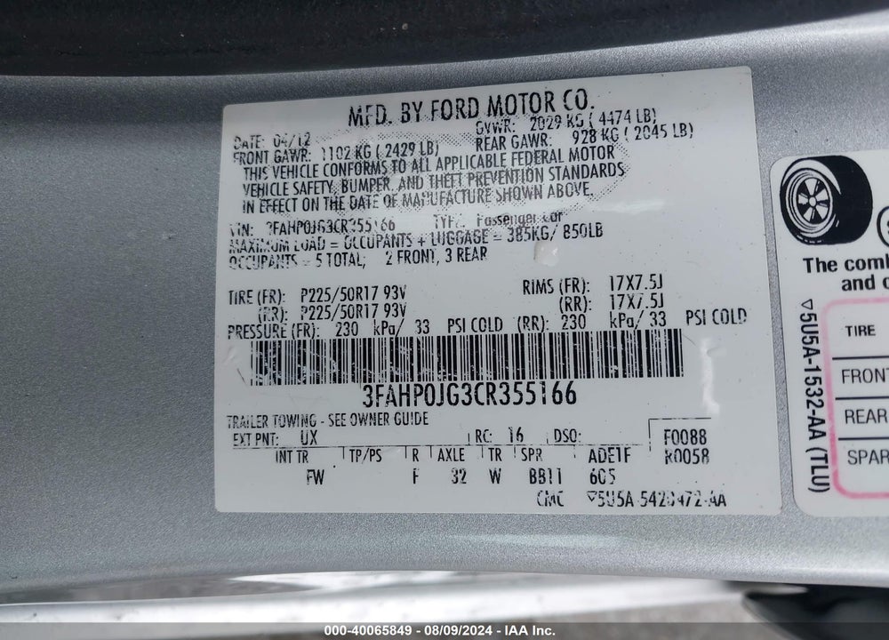 2012 FORD FUSION SEL VIN: 3FAHP0JG3CR355166