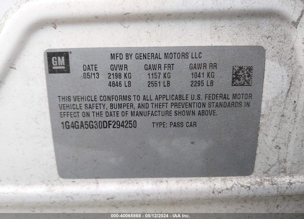 2013 BUICK LACROSSE VIN: 1G4GA5G30DF294250