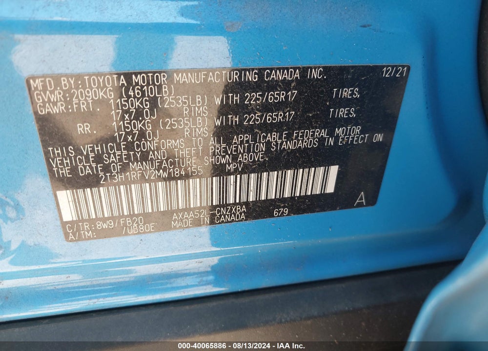 2021 TOYOTA RAV4 LE VIN: 2T3H1RFV2MW184155