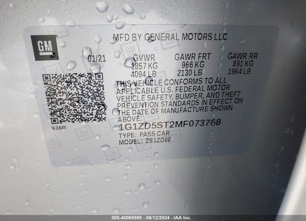 2021 CHEVROLET MALIBU FWD LT VIN: 1G1ZD5ST2MF073768