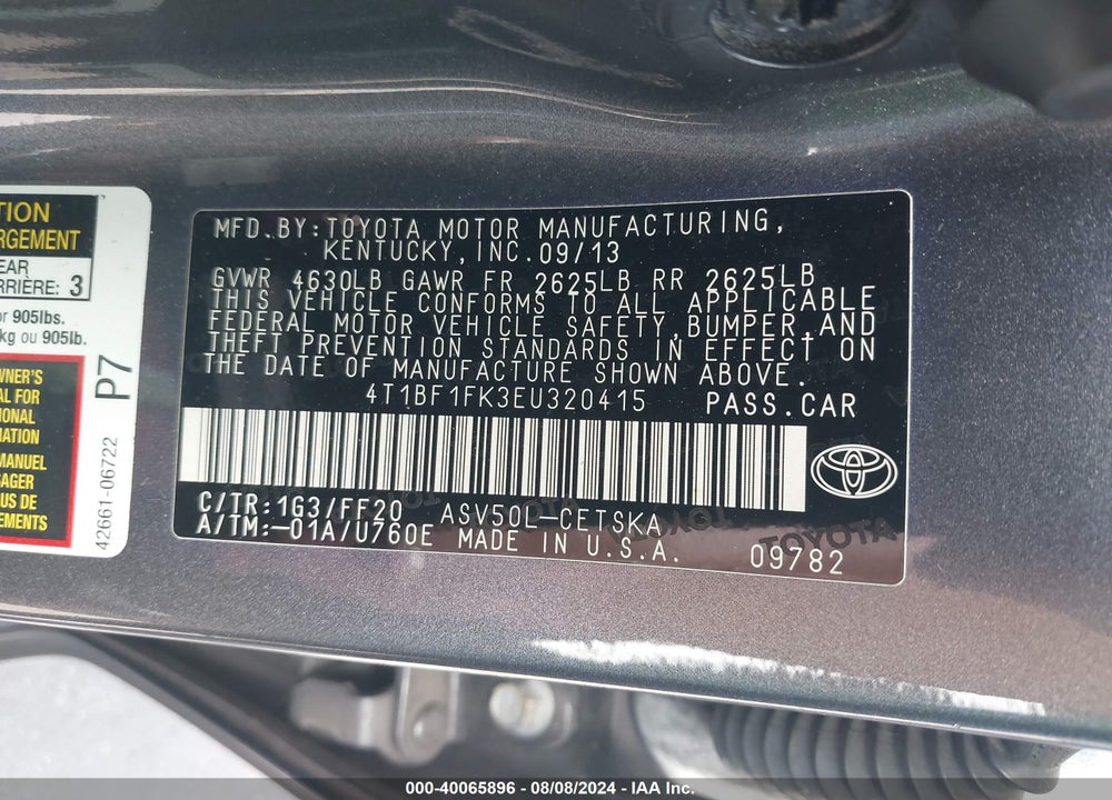 2014 TOYOTA CAMRY SE VIN: 4T1BF1FK3EU320415