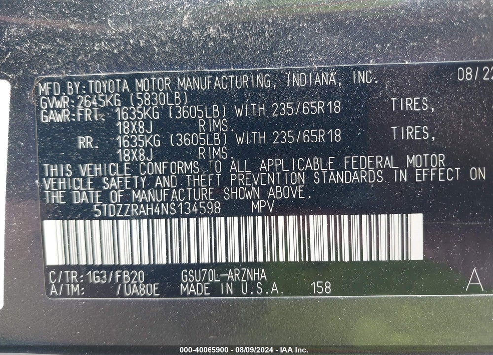 2022 TOYOTA HIGHLANDER LE VIN: 5TDZZRAH4NS134598