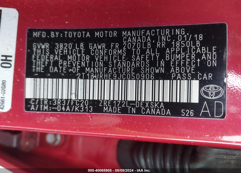 2018 TOYOTA COROLLA SE VIN: 2T1BURHE9JC050906