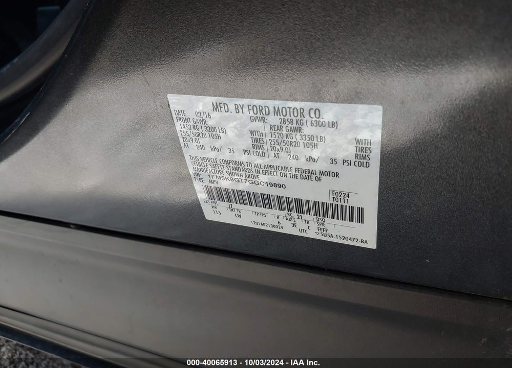 2016 FORD EXPLORER SPORT VIN: 1FM5K8GT7GGC19890