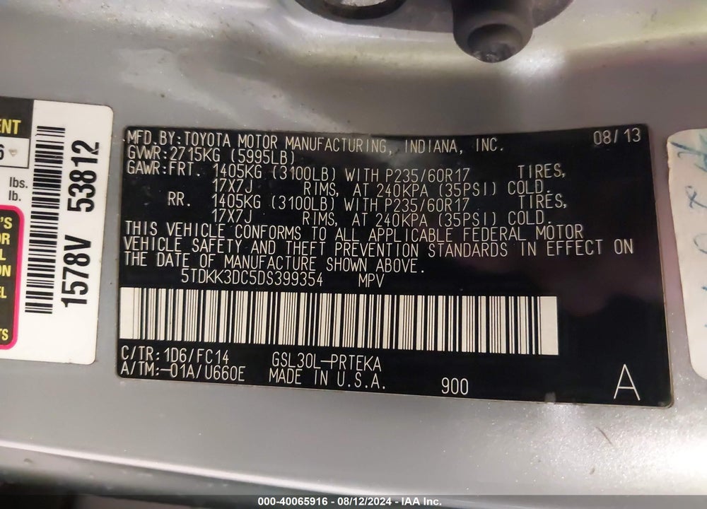 2013 TOYOTA SIENNA LE V6 8 PASSENGER VIN: 5TDKK3DC5DS399354