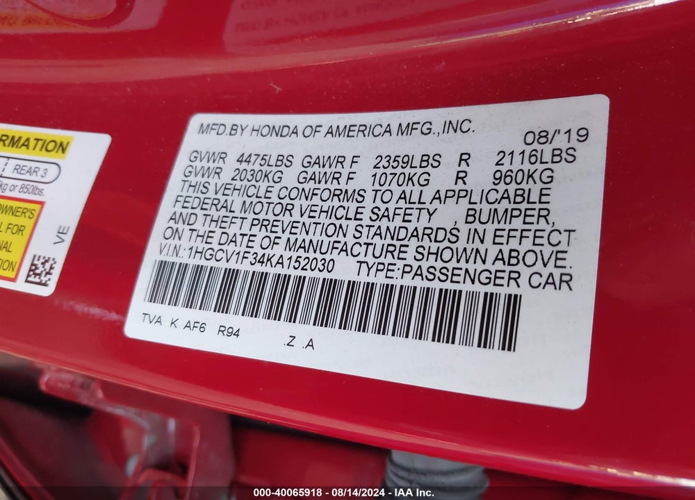 2019 HONDA ACCORD VIN: 1HGCV1F34KA152030