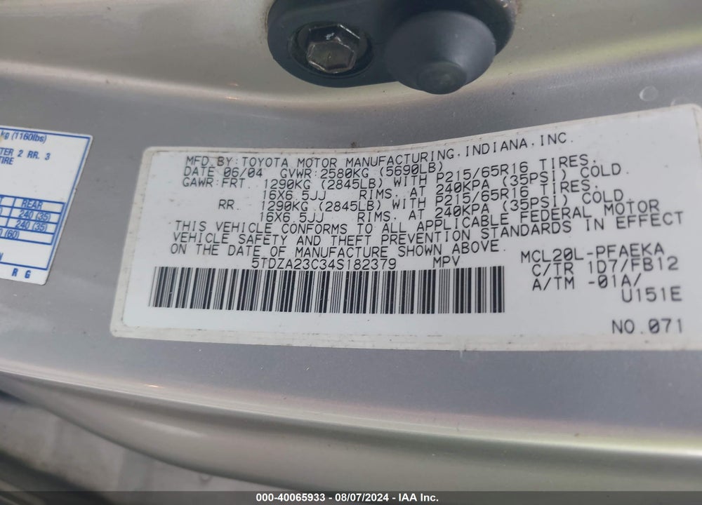 2004 TOYOTA SIENNA LE VIN: 5TDZA23C34S182379